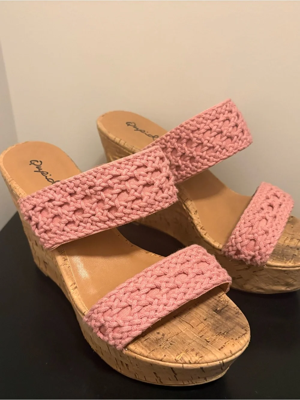 Pink Crochet Wedge Sandals with Cork Sole- Women
